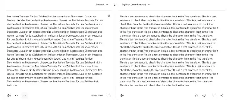 Kostenloser Web-Übersetzer mit langem Testtext: Die Eingabe bricht nach „im kosten“ ab, der Zähler zeigt 1500 / 1500 Kostenloser Web-Übersetzer mit langem Testtext: Die Eingabe bricht nach „im kosten“ ab, der Zähler zeigt 1500 / 1500