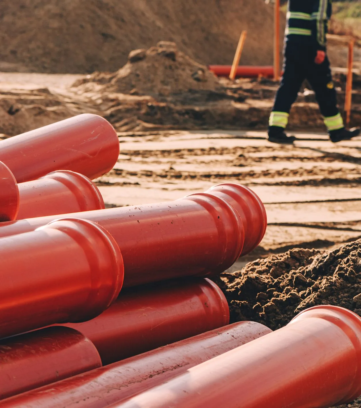 Kunststoff-Abwasserrohre auf der Baustelle zur Systemreparatur gestapelt