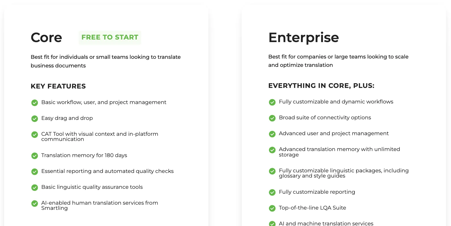 Smartling Plan-Seite: Core („Free to Start“) für Einzelpersonen und kleine Teams mit Translation Memory für 180 Tage; Enterprise mit anpassbaren Workflows, unbegrenztem Translation Memory, Glossar, Styleguides sowie KI- und maschineller Übersetzung Smartling Plan-Seite: Core („Free to Start“) für Einzelpersonen und kleine Teams mit Translation Memory für 180 Tage; Enterprise mit anpassbaren Workflows, unbegrenztem Translation Memory, Glossar, Styleguides sowie KI- und maschineller Übersetzung