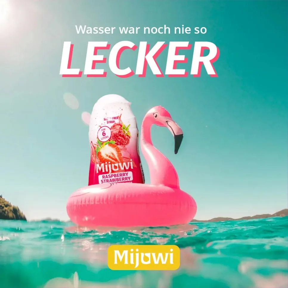 Social-Media-Creative für Mijowi mit Flamingo im Wasser